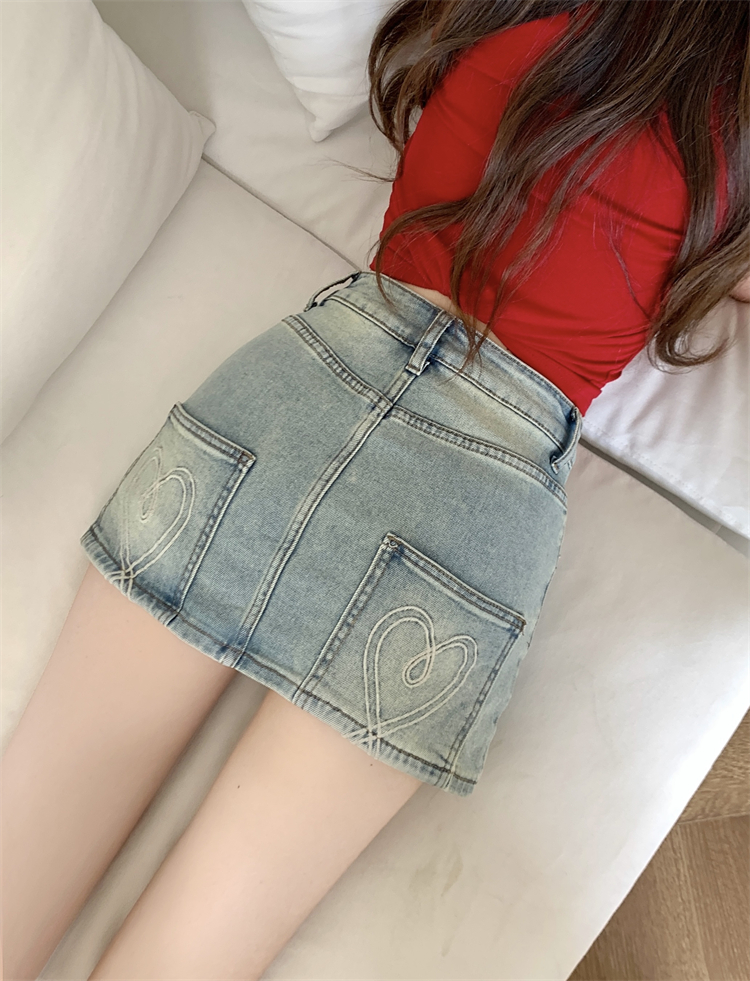 Actual shot~American hot girl retro denim skirt for women high-waisted A-line elastic hip-covering anti-exposure culottes