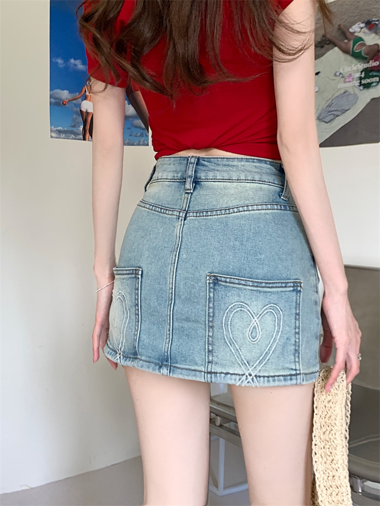 Actual shot~American hot girl retro denim skirt for women high-waisted A-line elastic hip-covering anti-exposure culottes