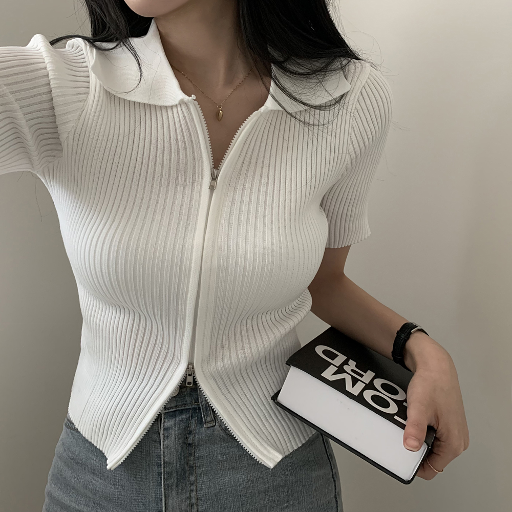 Korean chic double zipper lapel slimming short-sleeved knitted top for women