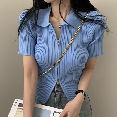 Korean chic double zipper lapel slimming short-sleeved knitted top for women