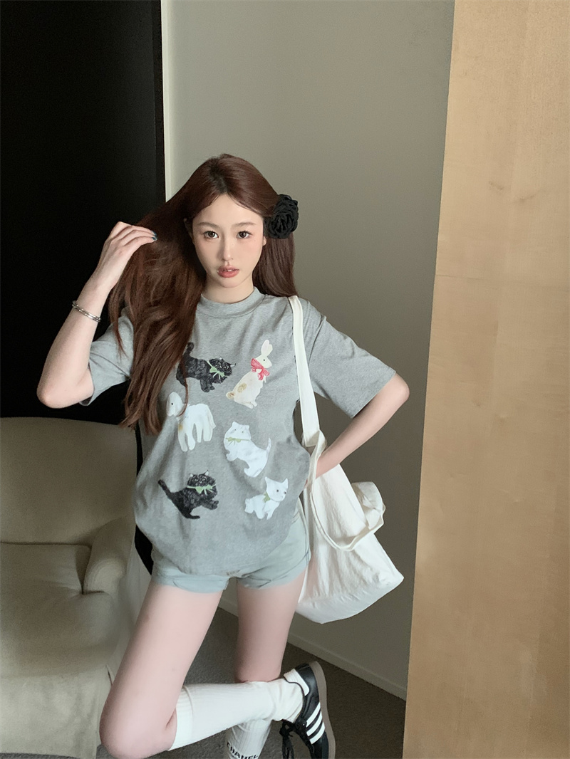 Real shot of lazy style niche cute printed short-sleeved T-shirt for women summer loose casual mid-length top trend
