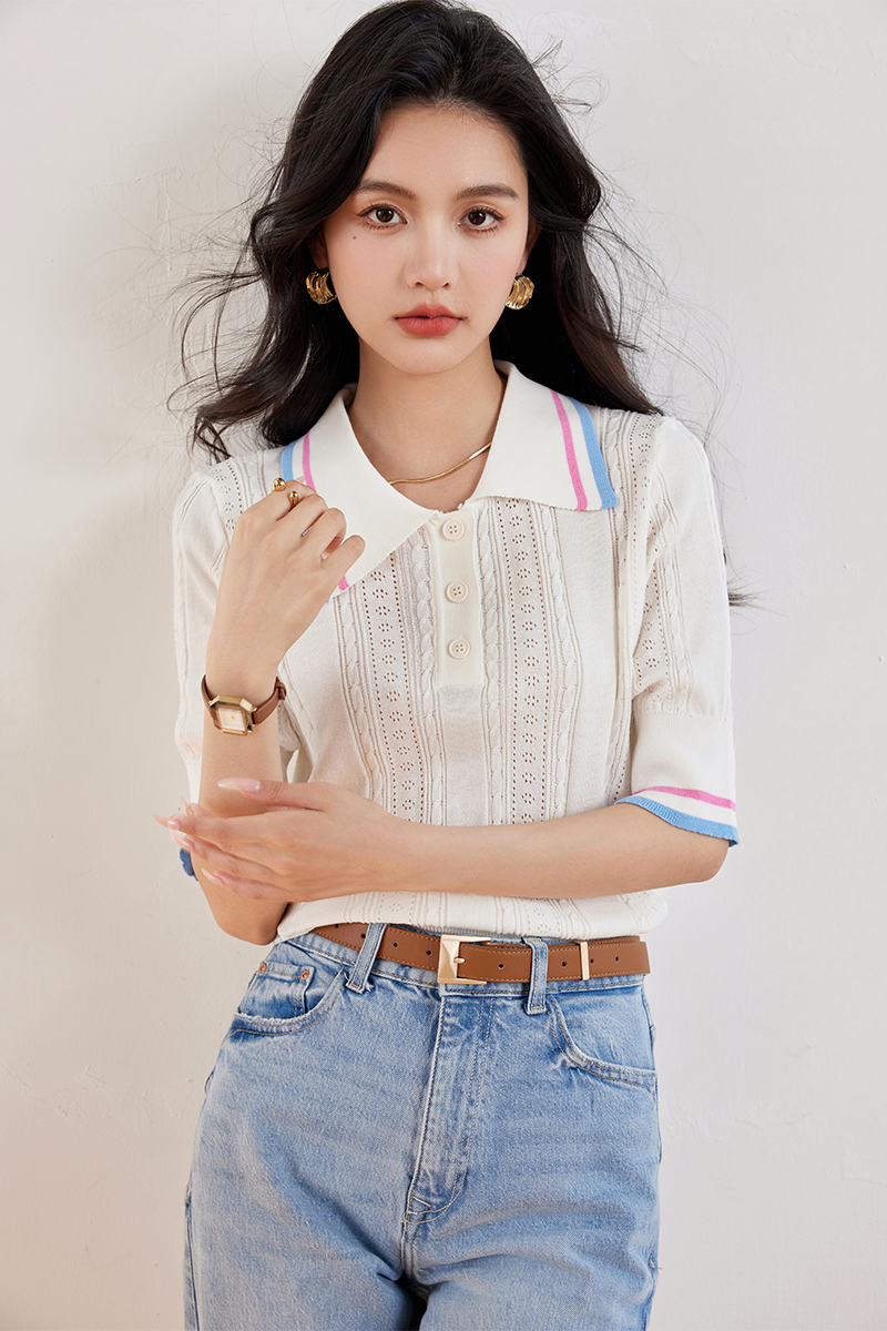 實拍◆有◆法式設計感白色polo領針織衫高級小衫上衣女