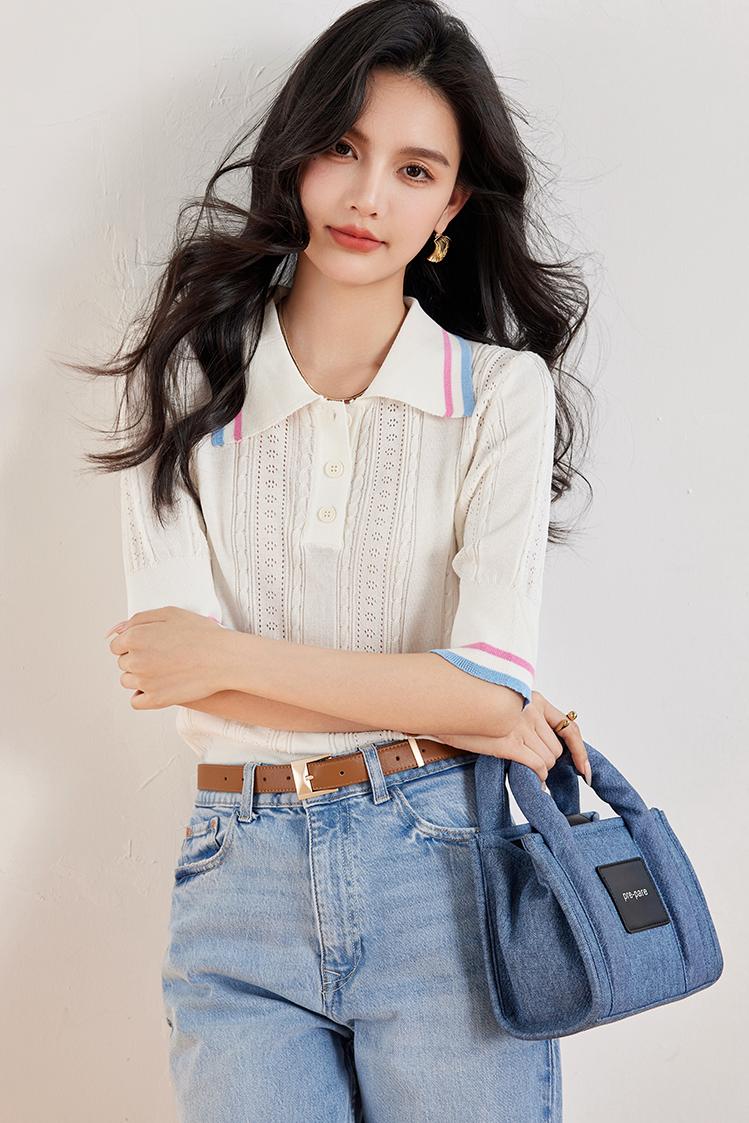 實拍◆有◆法式設計感白色polo領針織衫高級小衫上衣女