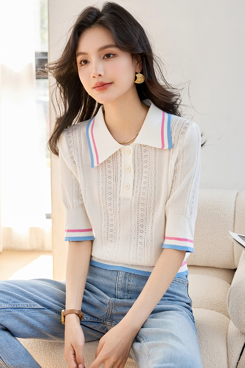 實拍◆有◆法式設計感白色polo領針織衫高級小衫上衣女