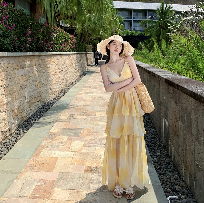 修身吊帶連衣裙女夏海邊度假沙灘長裙日落仙女蛋糕裙子氛圍感