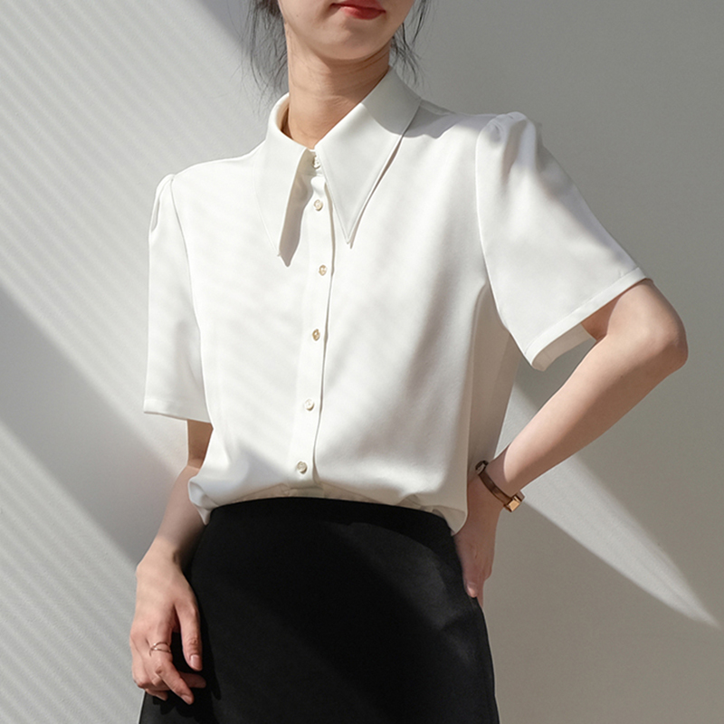 2026春夏白色尖領緞面短袖襯衫女職業通勤垂感百搭正裝港風仿真絲