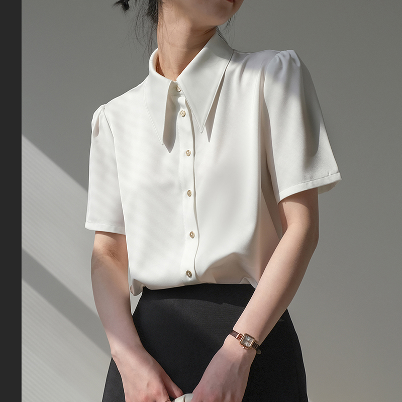 2026春夏白色尖領緞面短袖襯衫女職業通勤垂感百搭正裝港風仿真絲