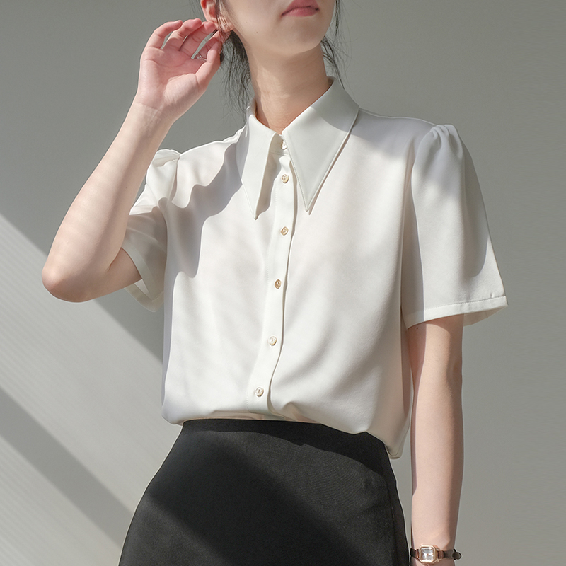 2026春夏白色尖領緞面短袖襯衫女職業通勤垂感百搭正裝港風仿真絲