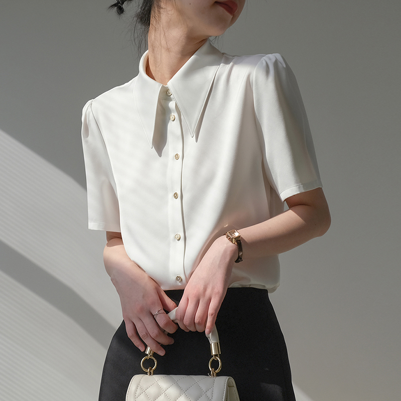 2026春夏白色尖領緞面短袖襯衫女職業通勤垂感百搭正裝港風仿真絲