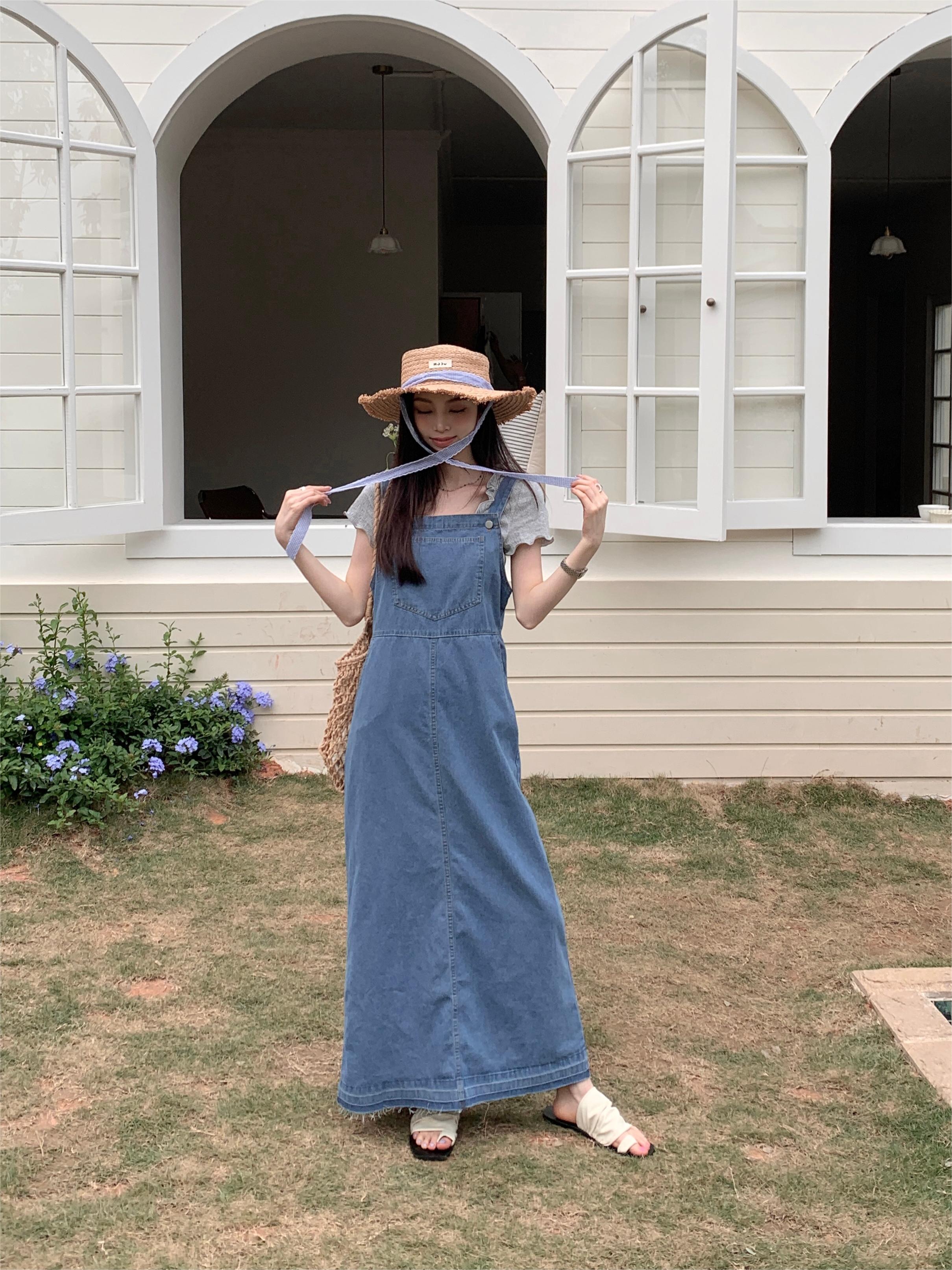 Actual shot ~ denim suspender skirt French niche chic unique high-end retro long sleeveless dress