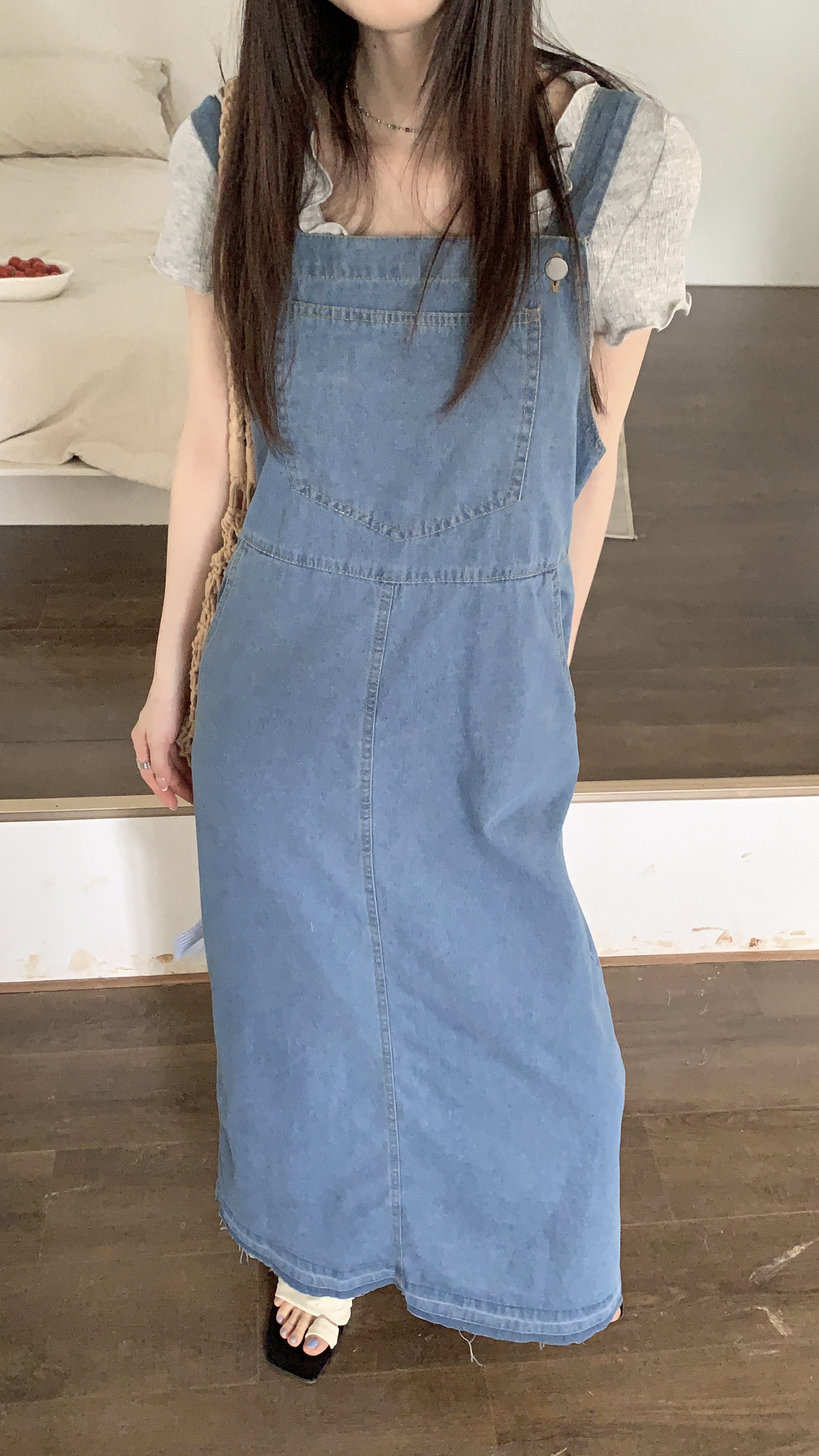 Actual shot ~ denim suspender skirt French niche chic unique high-end retro long sleeveless dress