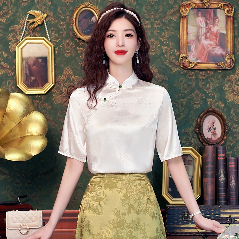 重工提花重磅真絲短袖襯衫女夏復古盤扣白色仙鶴2025年夏新款上衣