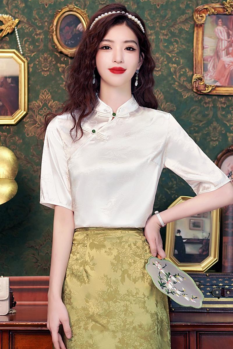 重工提花重磅真絲短袖襯衫女夏復古盤扣白色仙鶴2025年夏新款上衣