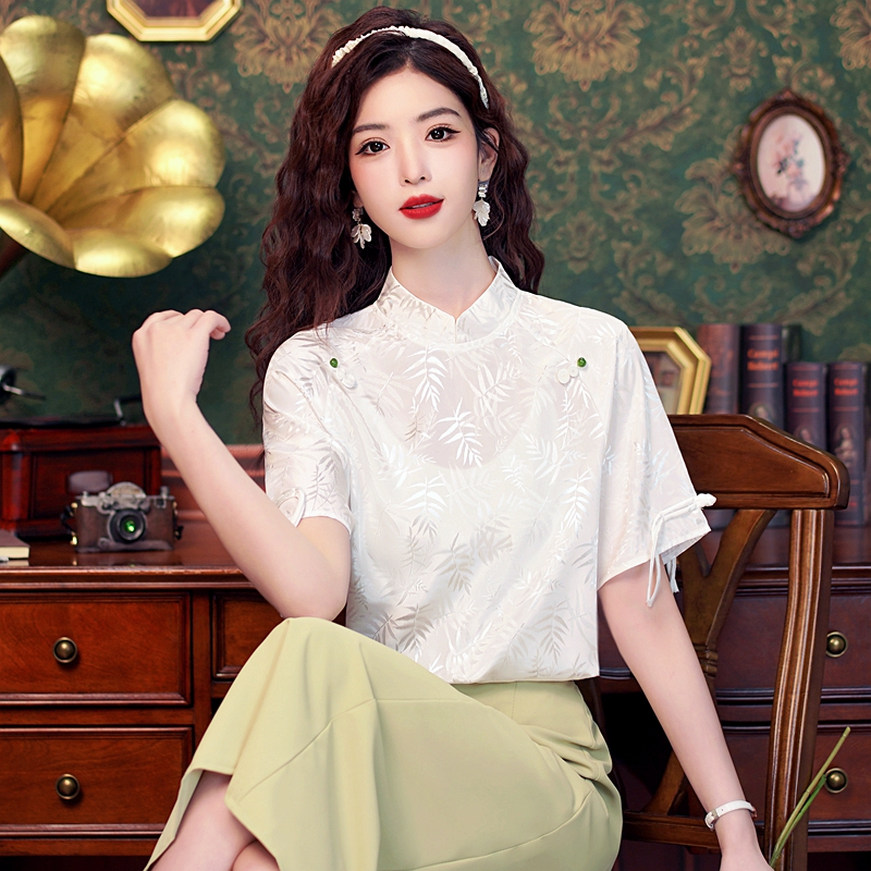 新中式真絲襯衫女白色夏季設計感小眾國風盤扣提花桑蠶絲氣質上衣