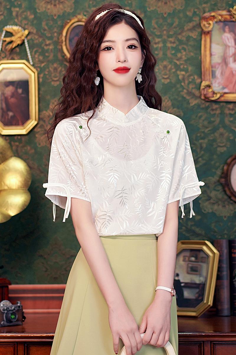 新中式真絲襯衫女白色夏季設計感小眾國風盤扣提花桑蠶絲氣質上衣