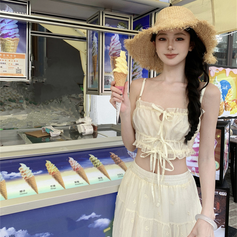 辣辣halo lala清純的神/小白花天絲套裝女夏季吊帶長裙兩件套