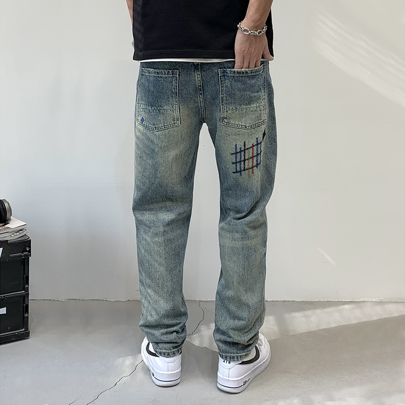 實拍美式重工刺繡直筒牛仔褲男高街潮牌復古寬松休閑百搭長褲