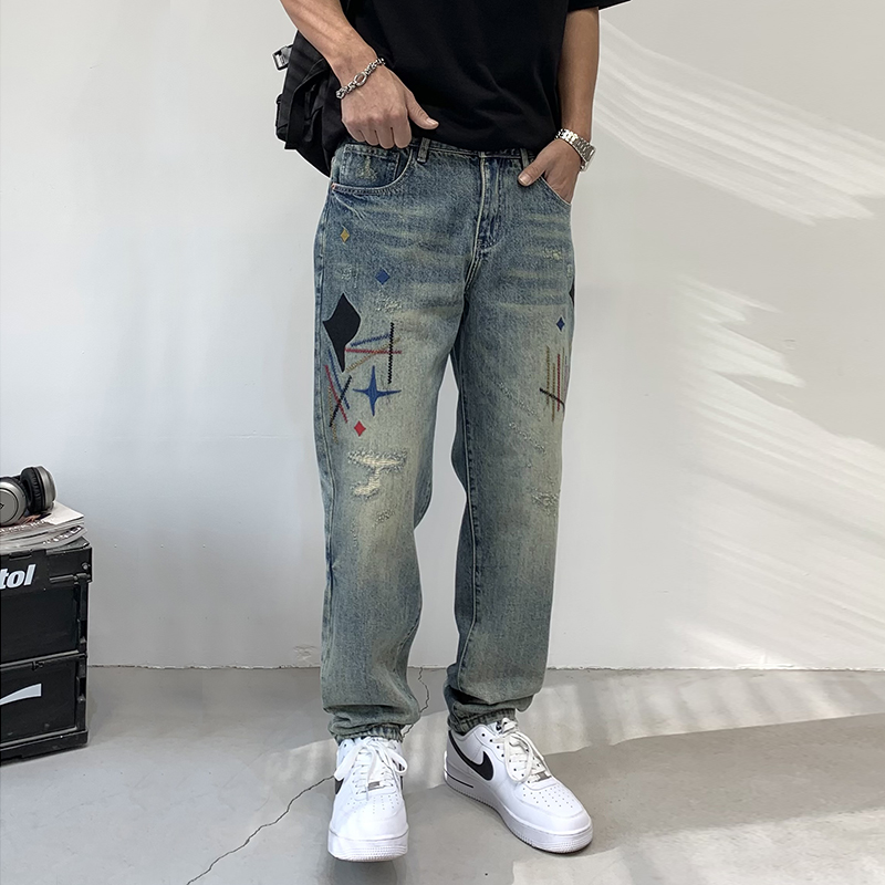 實拍美式重工刺繡直筒牛仔褲男高街潮牌復古寬松休閑百搭長褲