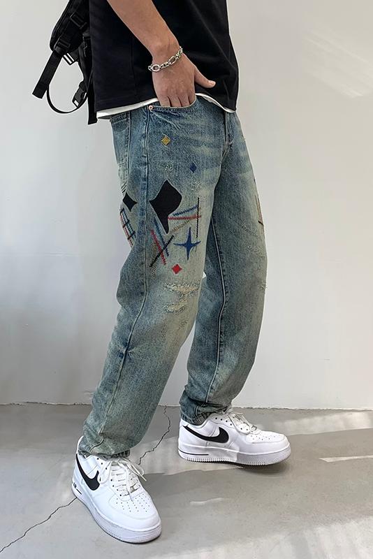 實拍美式重工刺繡直筒牛仔褲男高街潮牌復古寬松休閑百搭長褲