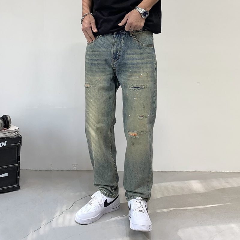 實拍潑漆破洞牛仔褲男新款潮牌復古色做舊寬松百搭高端牛仔褲