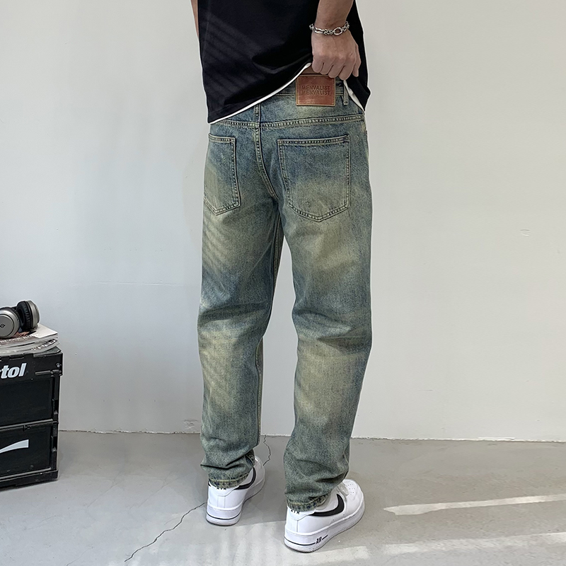 實拍潑漆破洞牛仔褲男新款潮牌復古色做舊寬松百搭高端牛仔褲