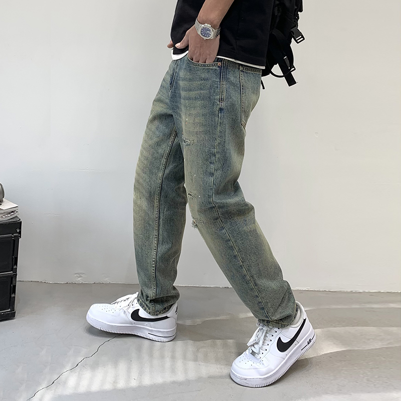 實拍潑漆破洞牛仔褲男新款潮牌復古色做舊寬松百搭高端牛仔褲