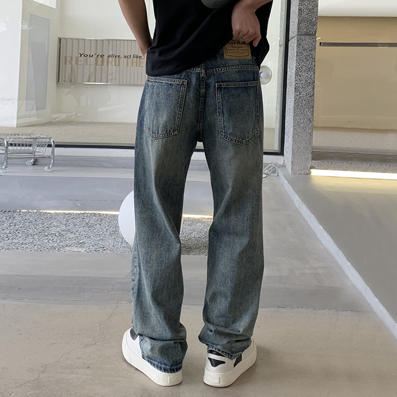 實拍美式潮牌直筒牛仔褲男高街復古寬松休閑百搭長褲