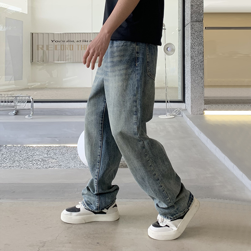 實拍美式潮牌直筒牛仔褲男高街復古寬松休閑百搭長褲