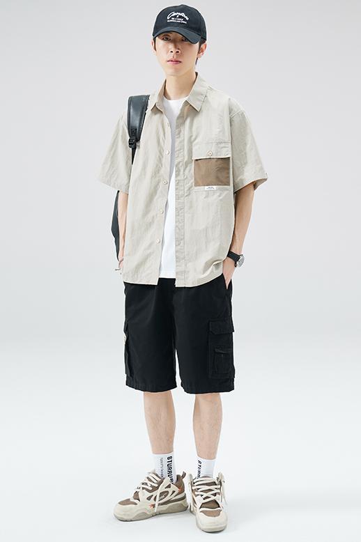 實拍夏季新款冰絲錦綸短袖襯衫男寬松百搭冰感工裝短袖襯衣