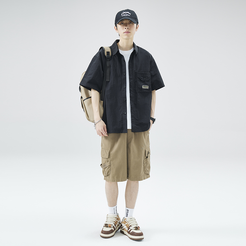 實拍夏季新款冰絲錦綸短袖襯衫男寬松百搭冰感短袖工裝襯衣