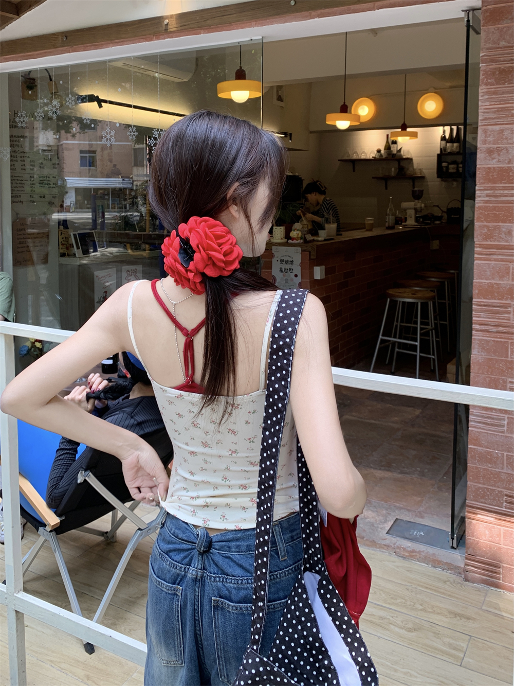 Actual shot ~ Designed lace floral short slim fit suspender + loose long-sleeved cardigan