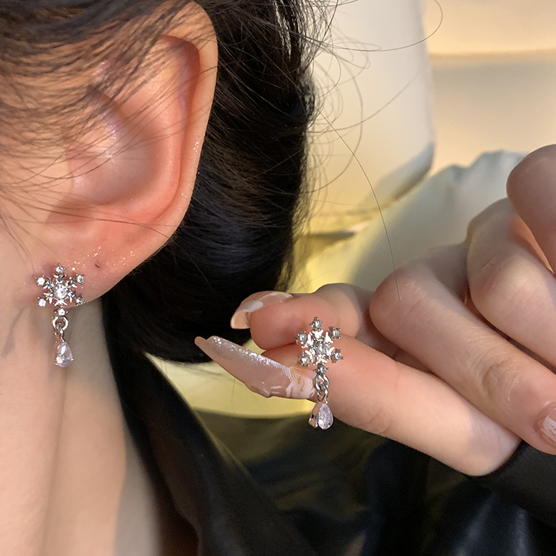 S925 Silver Needle Light Luxury Niche Snowflake Zircon Earrings Korean New Ins Trendy Versatile Temperament Ear Ring Ear Jewelry