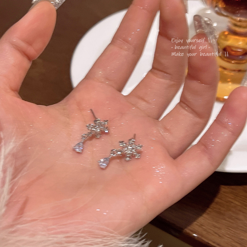 S925 Silver Needle Light Luxury Niche Snowflake Zircon Earrings Korean New Ins Trendy Versatile Temperament Ear Ring Ear Jewelry