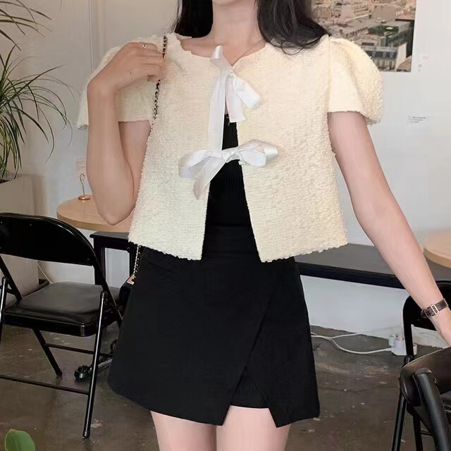 韩国chic小香风系带短袖短款外套