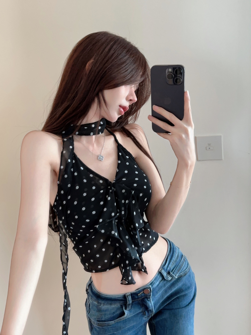 Real shot Summer original new style polka-dot see-through halterneck high-end camisole women's all-match top