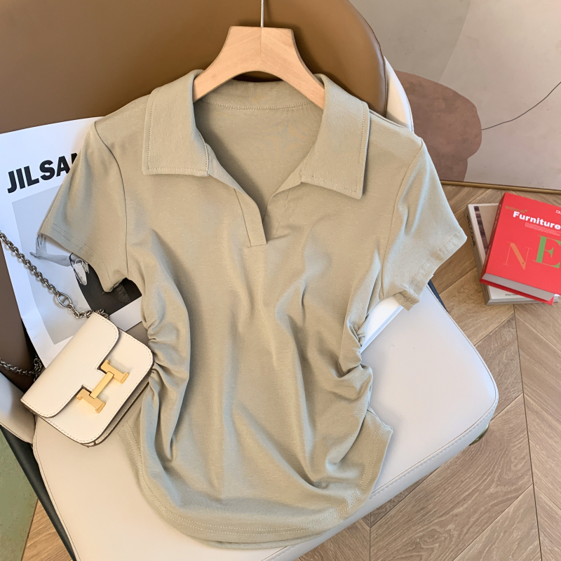 實拍 夏季韓版修身polo領簡約顯瘦設計感純棉短袖女T恤上衣