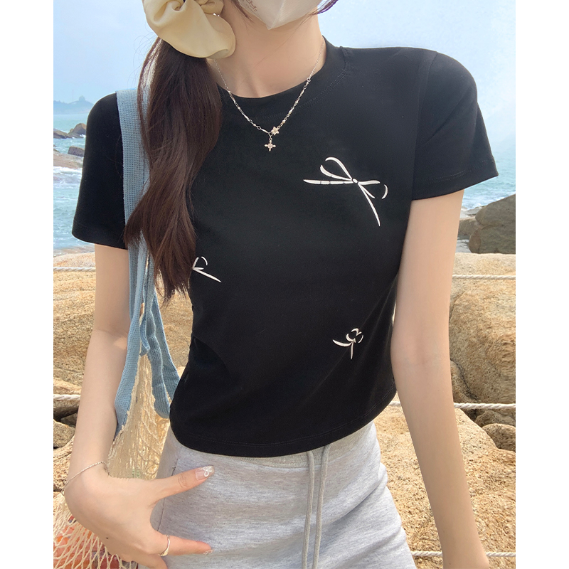 Real shot of bow printed short-sleeved T-shirt for women in summer, right shoulder pure cotton, slim short, casual and temperamental top