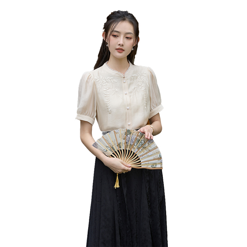 2026夏季新款國風新中式小衫輕薄透氣天絲刺繡珍珠立領襯衫上衣女