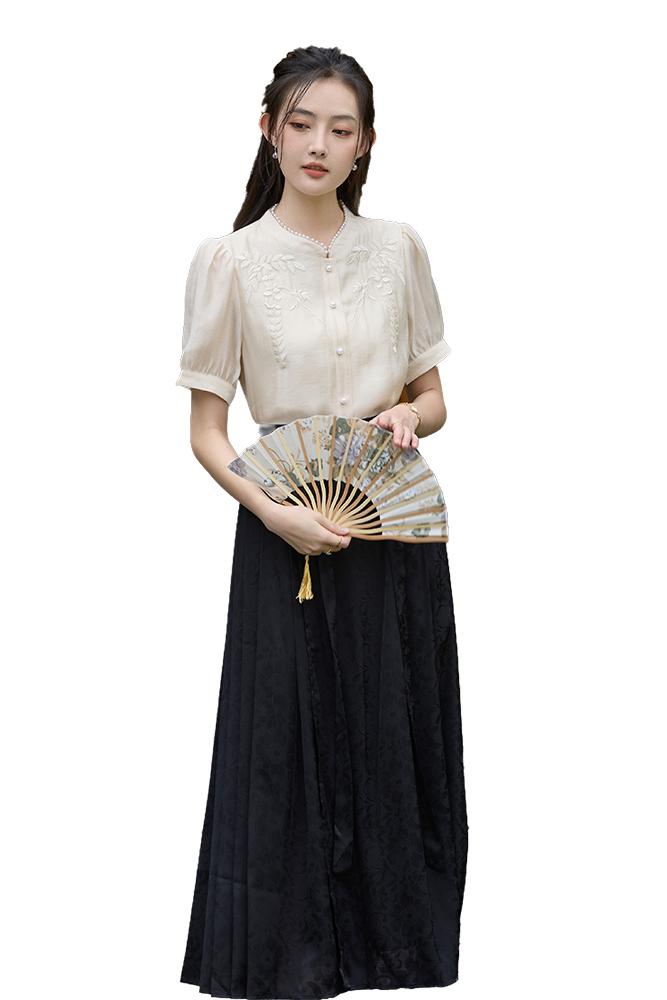 2026夏季新款國風新中式小衫輕薄透氣天絲刺繡珍珠立領襯衫上衣女