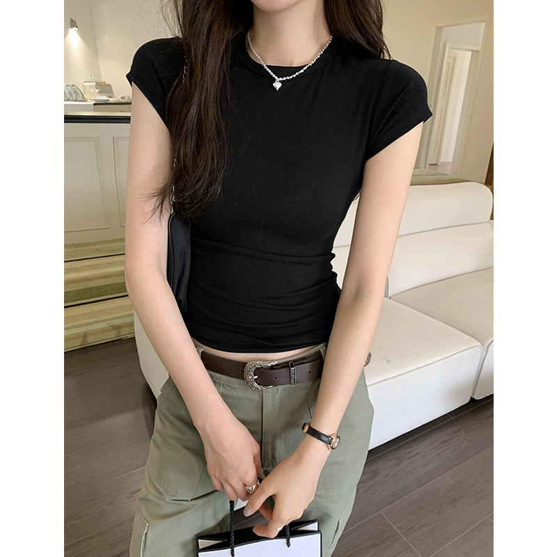 Real shot of round neck slim right shoulder short t-shirt for women 2024 summer new style small versatile tight short-sleeved top