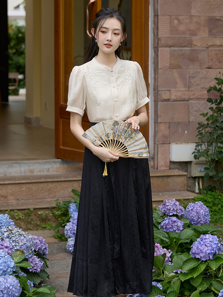 2026夏季新款國風新中式小衫輕薄透氣天絲刺繡珍珠立領襯衫上衣女