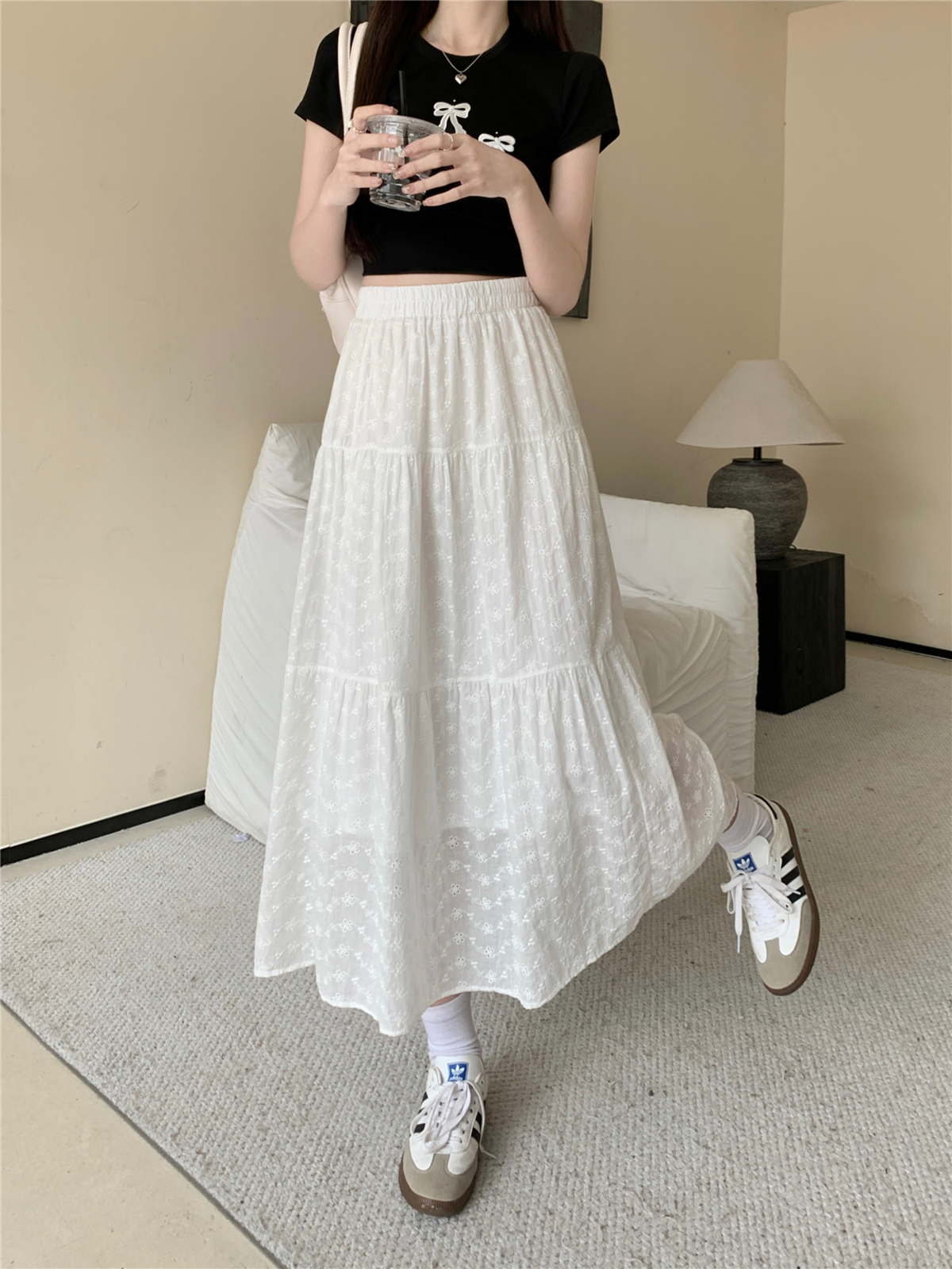 实拍 刺绣白色半身裙女夏季新款小个子松紧高腰显瘦遮胯大摆裙子