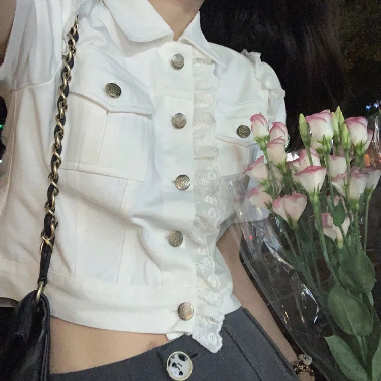 官图纯棉2024夏季新款短袖玫瑰蕾丝工装牛仔上衣女百搭白色衬衫女