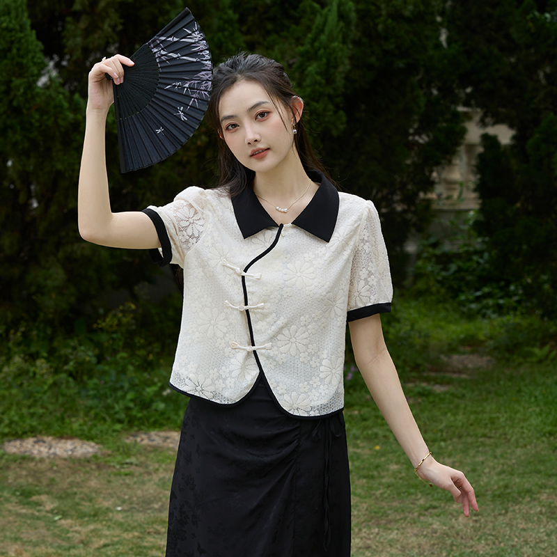 2026夏季新款 新中式翻領盤扣襯衫女撞色短袖襯衣小眾上衣