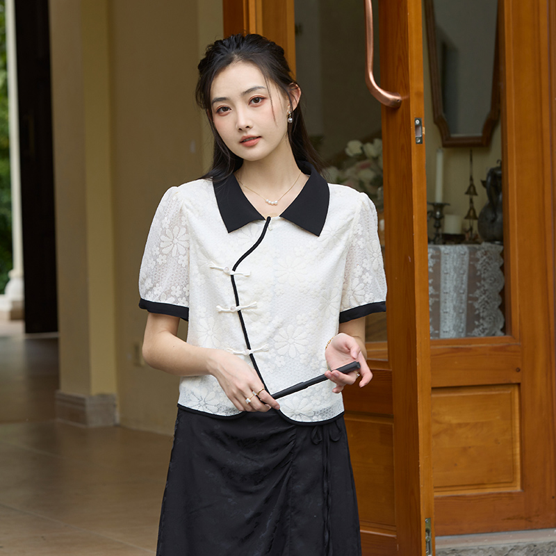 2026夏季新款 新中式翻領盤扣襯衫女撞色短袖襯衣小眾上衣