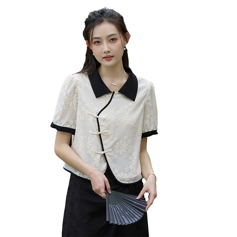 2026夏季新款 新中式翻領盤扣襯衫女撞色短袖襯衣小眾上衣