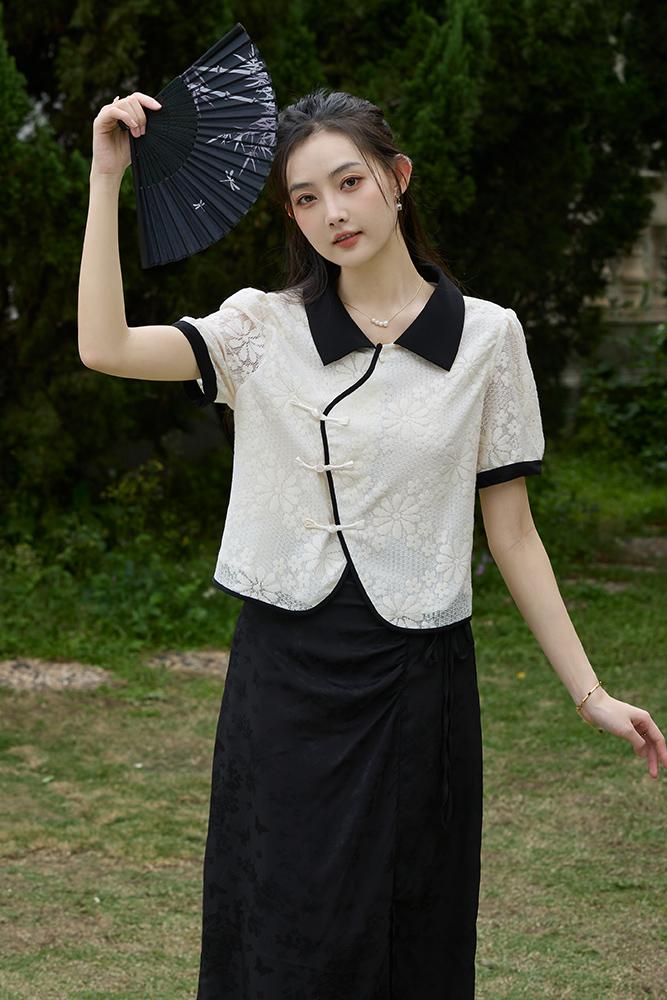 2026夏季新款 新中式翻領盤扣襯衫女撞色短袖襯衣小眾上衣