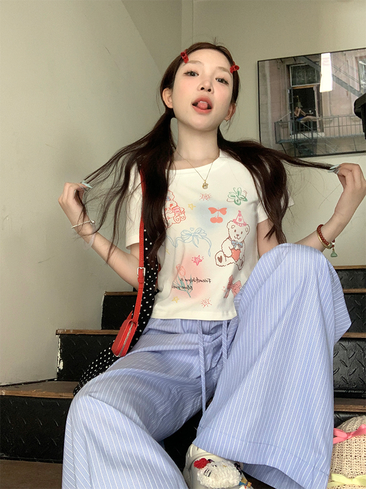 Actual shot of Korean chic summer cartoon printed short-sleeved T-shirt top + striped casual pants