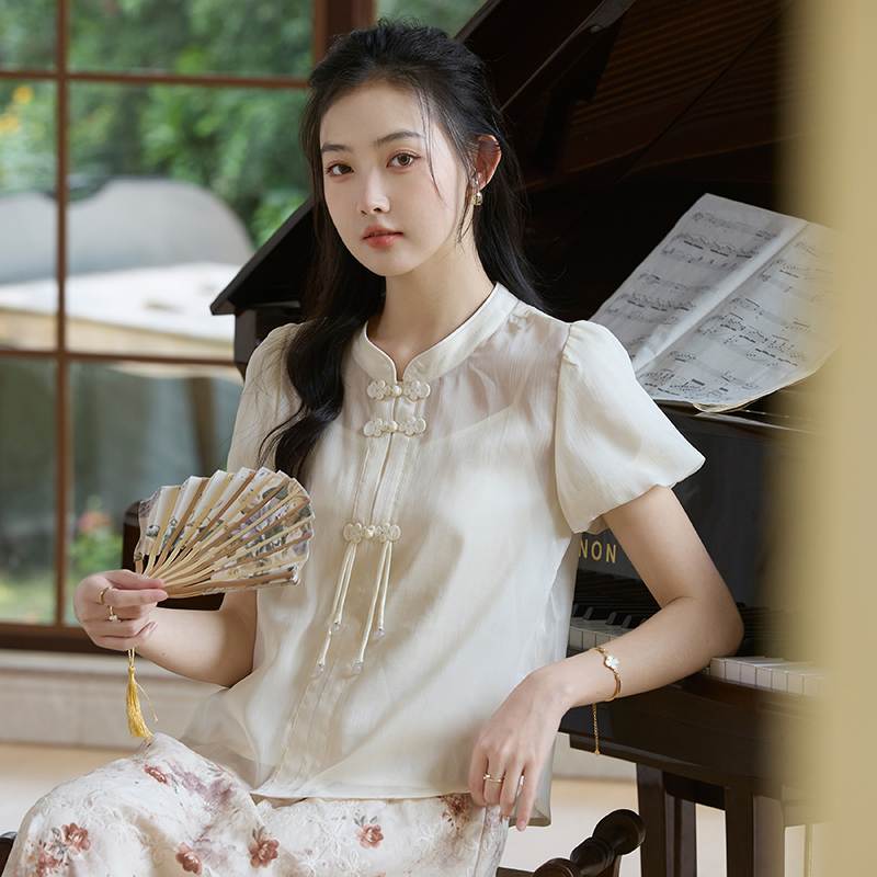 新中式國風立領襯衫女2026夏季新款氣質設計感小眾泡泡袖上衣