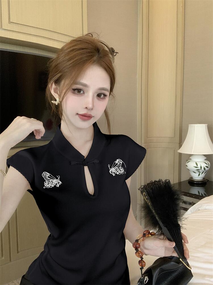 实拍 新中式国风蝴蝶刺绣盘扣短袖T恤女小众气质修身上衣